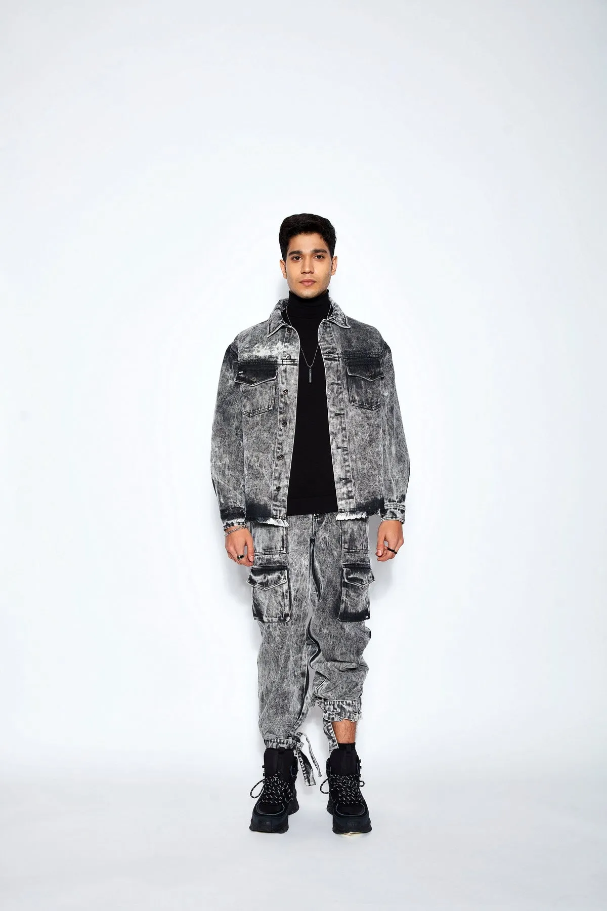 Ball Wash Denim Jacket- Black/White