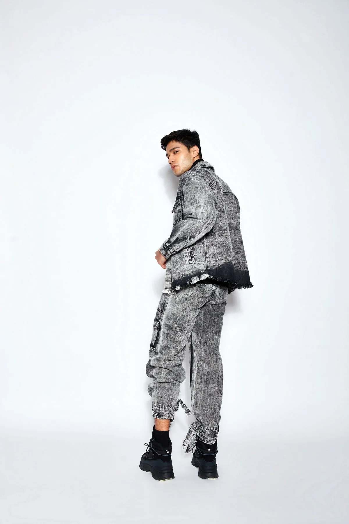 Ball Wash Denim Jacket- Black/White