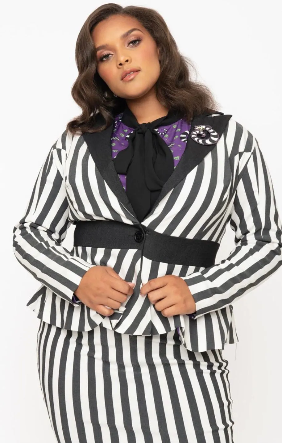 Beetlejuice x Unique Vintage Plus Size Black & White Stripe Peplum Maitland Blazer