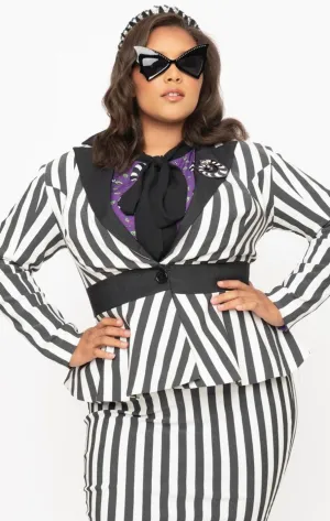 Beetlejuice x Unique Vintage Plus Size Black & White Stripe Peplum Maitland Blazer