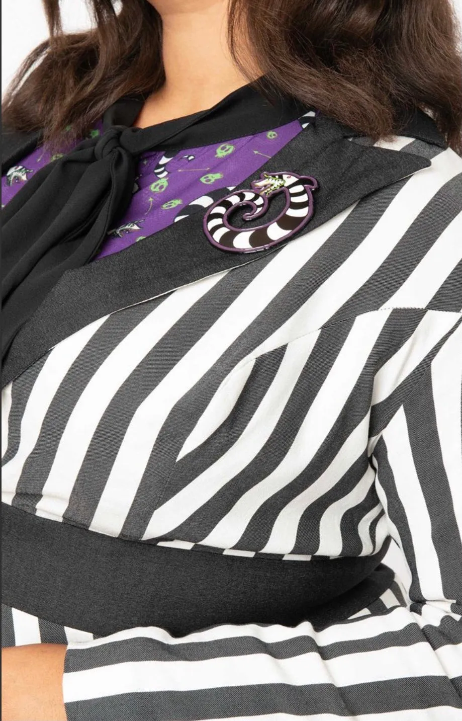 Beetlejuice x Unique Vintage Plus Size Black & White Stripe Peplum Maitland Blazer