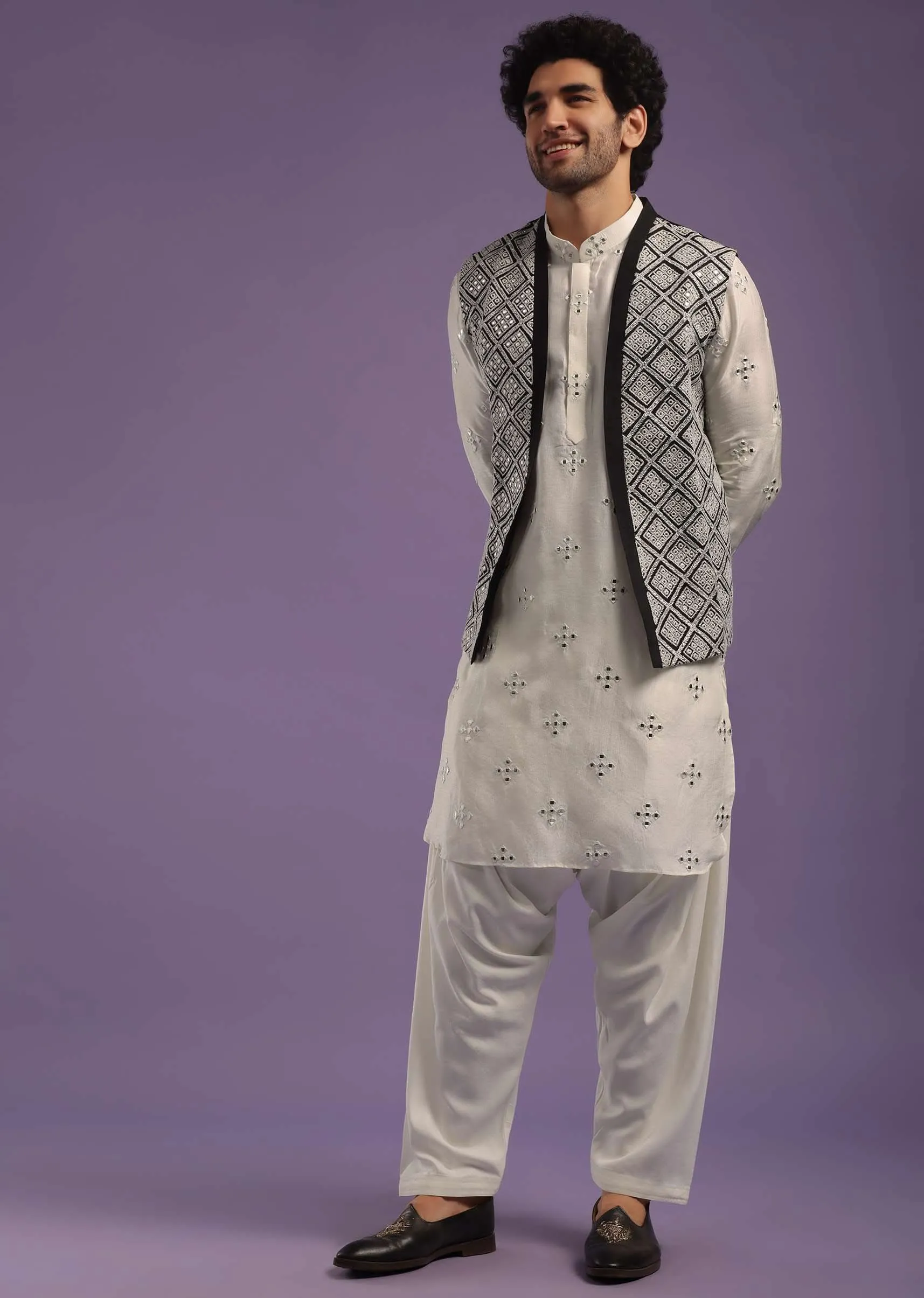 Black Jacket And Pearl White Kurta Set In Cotton Silk With Mirror Embroidery