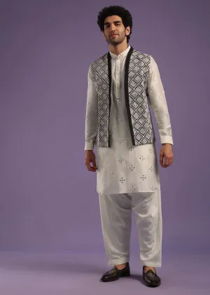 Black Jacket And Pearl White Kurta Set In Cotton Silk With Mirror Embroidery