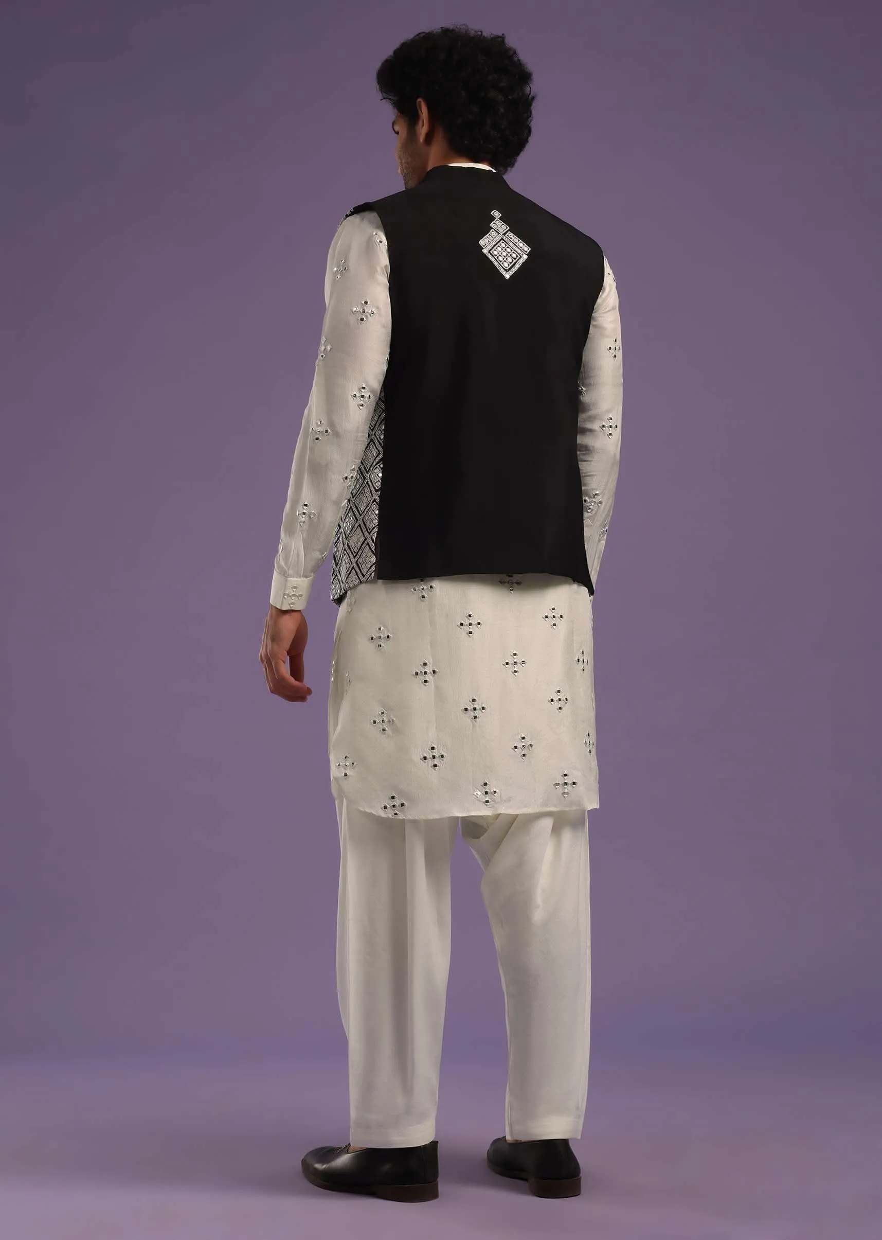 Black Jacket And Pearl White Kurta Set In Cotton Silk With Mirror Embroidery