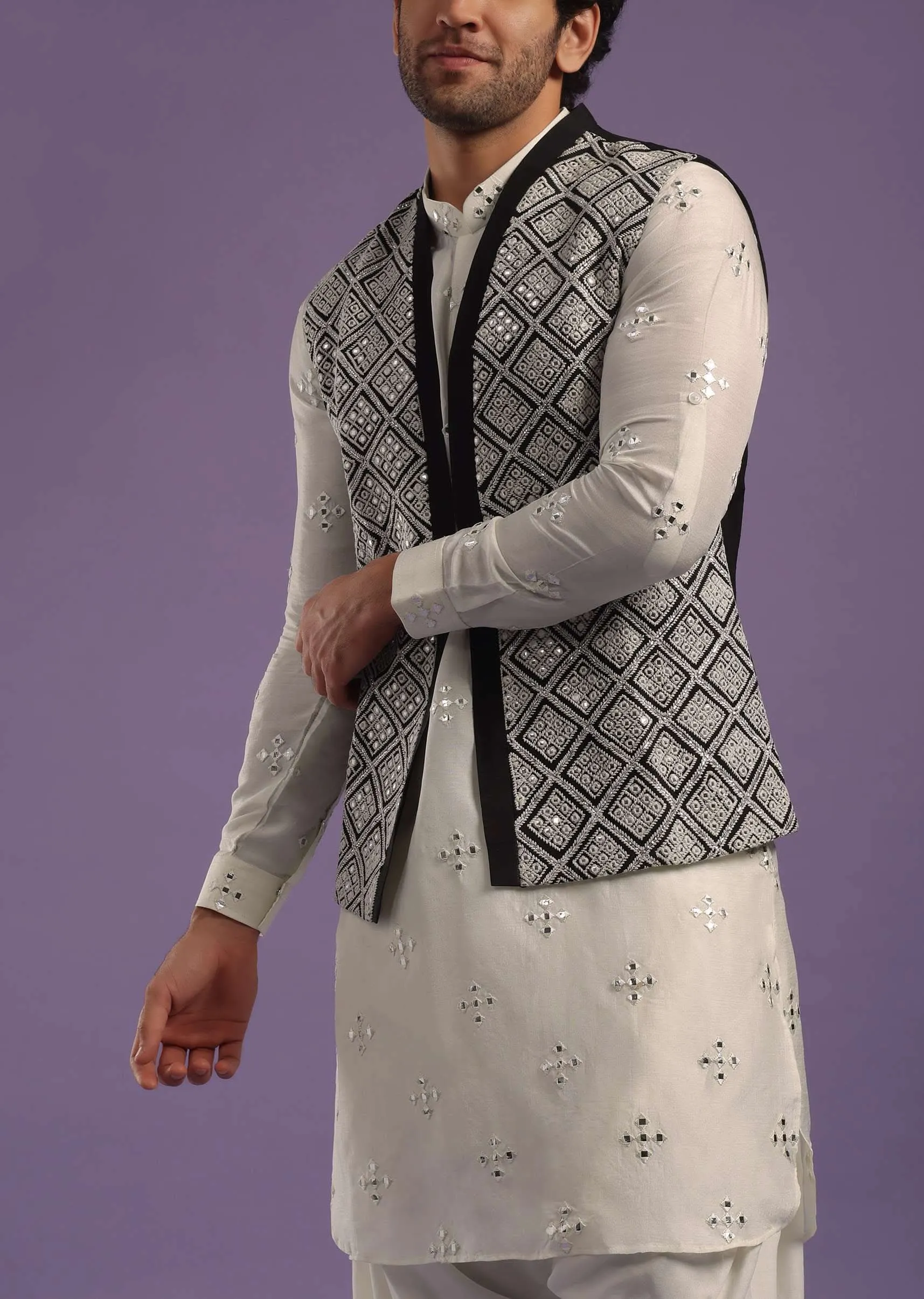 Black Jacket And Pearl White Kurta Set In Cotton Silk With Mirror Embroidery