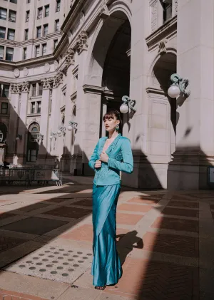 Blue Ombre Draped Skirt WIth Embroidered Jacket