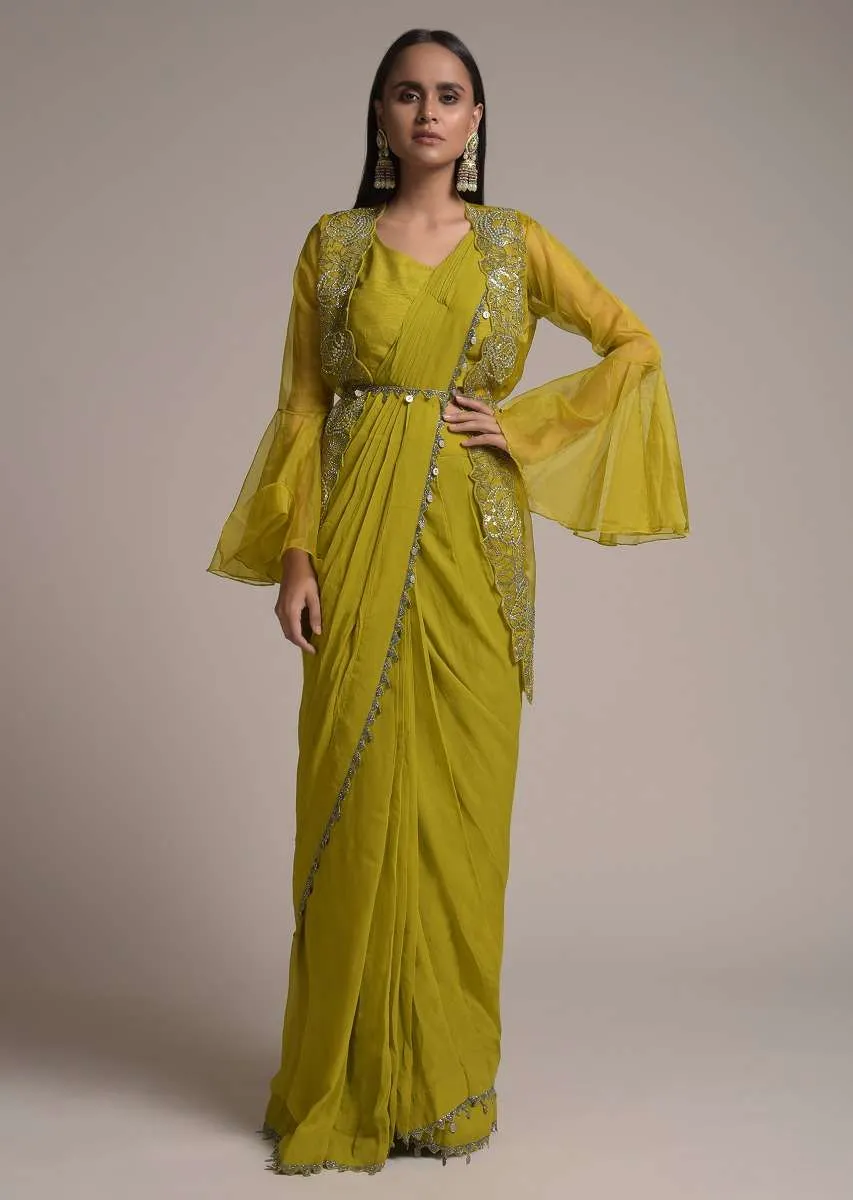Chartreuse Green Ready Pleated Saree With Bell Sleeves Organza Jacket  Online - Kalki Fashion
