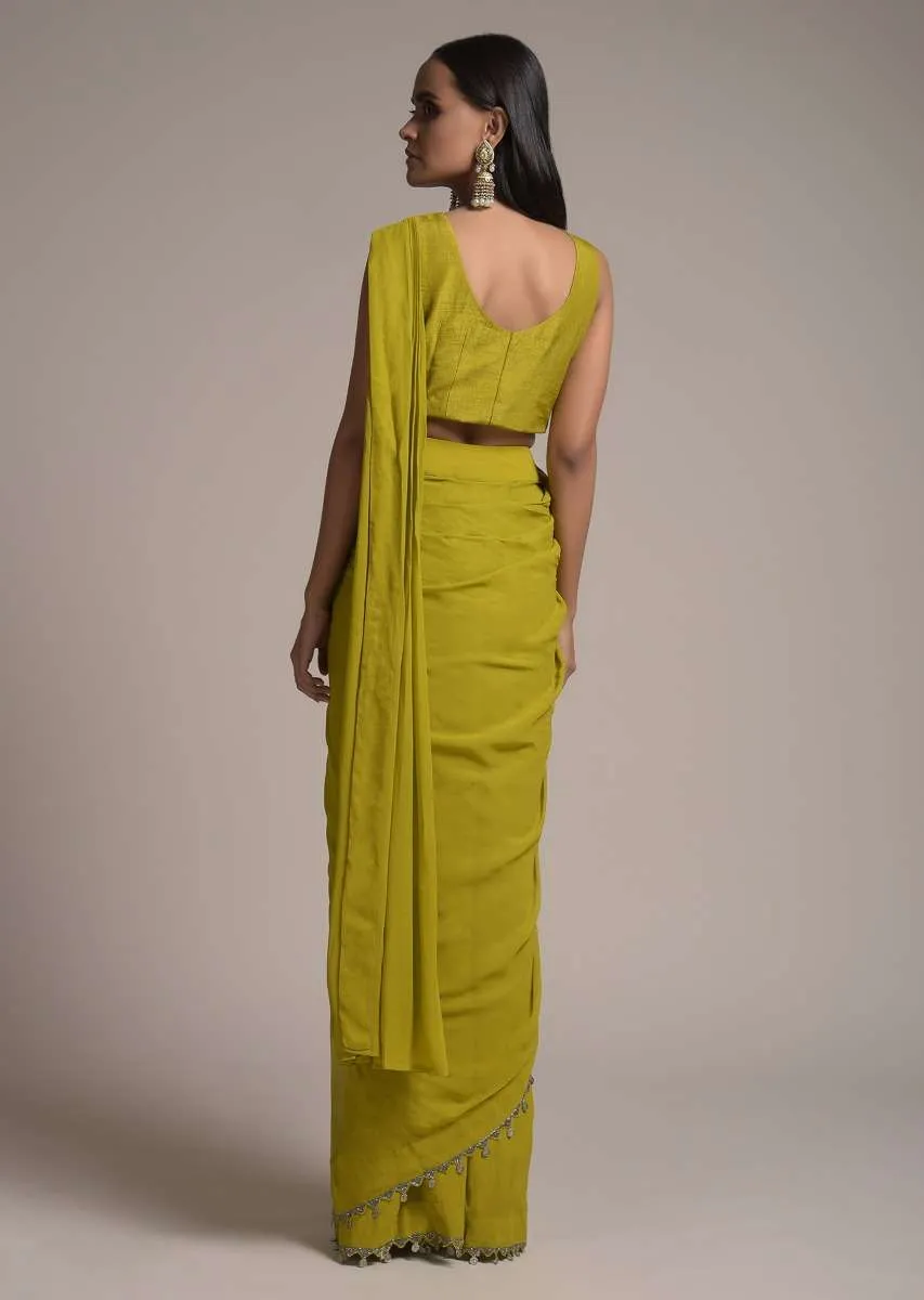 Chartreuse Green Ready Pleated Saree With Bell Sleeves Organza Jacket  Online - Kalki Fashion