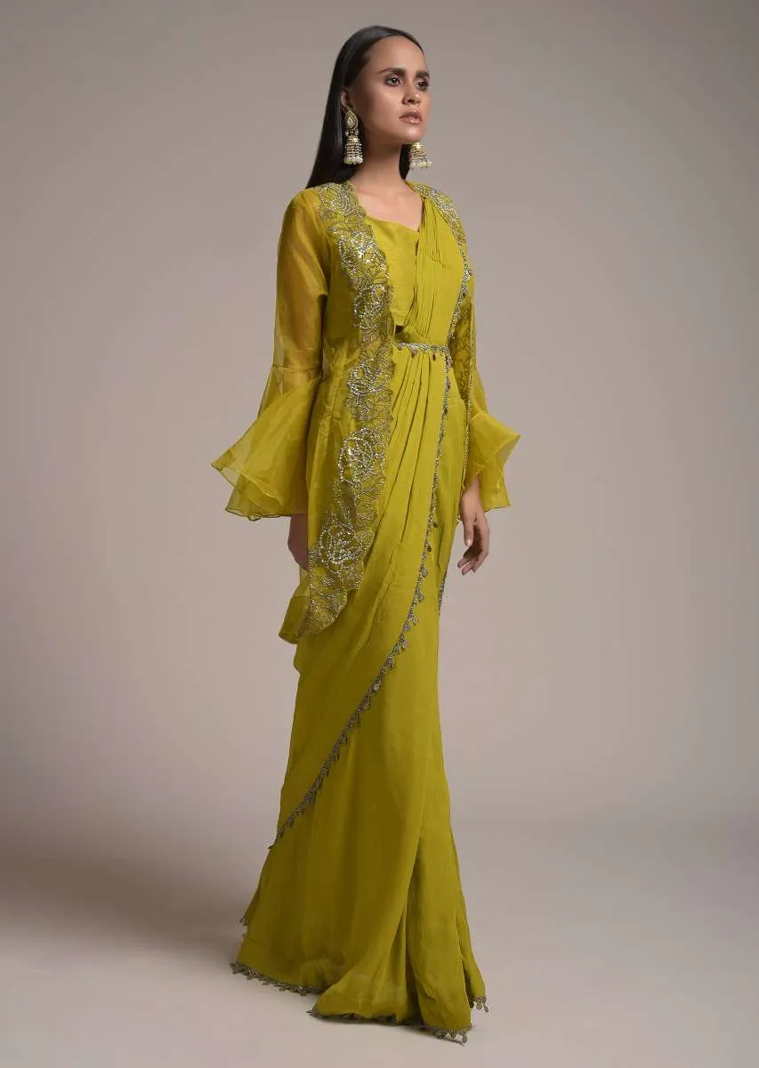 Chartreuse Green Ready Pleated Saree With Bell Sleeves Organza Jacket  Online - Kalki Fashion