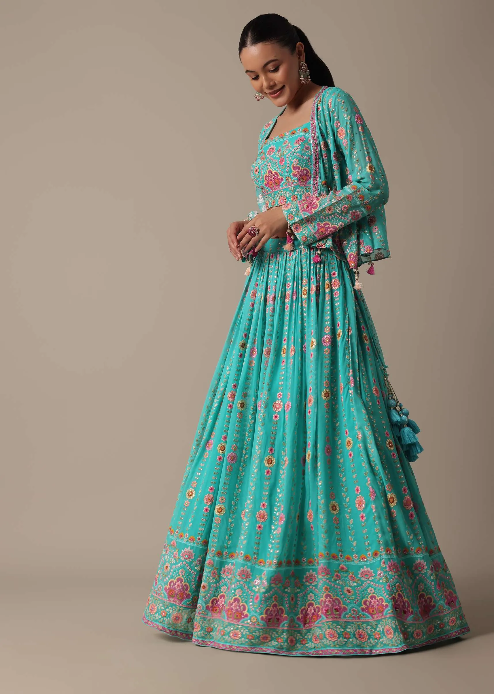 Chic Blue Lehenga Set With Mirror Embroidered Jacket