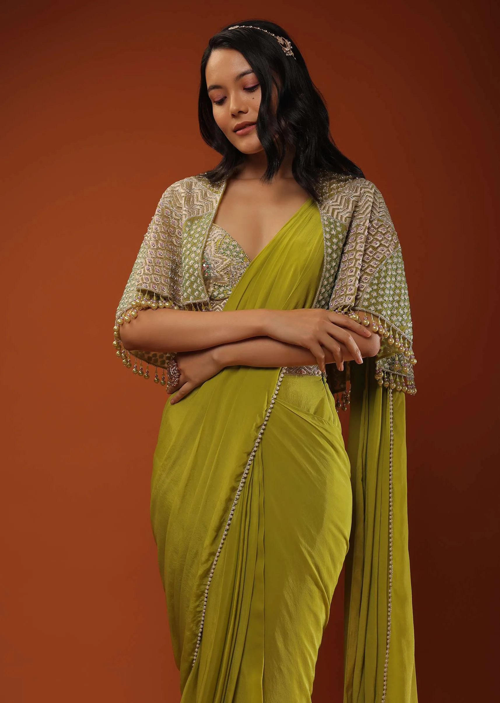 Citrus Green Ready Pleated Crepe Saree with Net Cape and V-Neck Crop Top with Hemline Cut Out