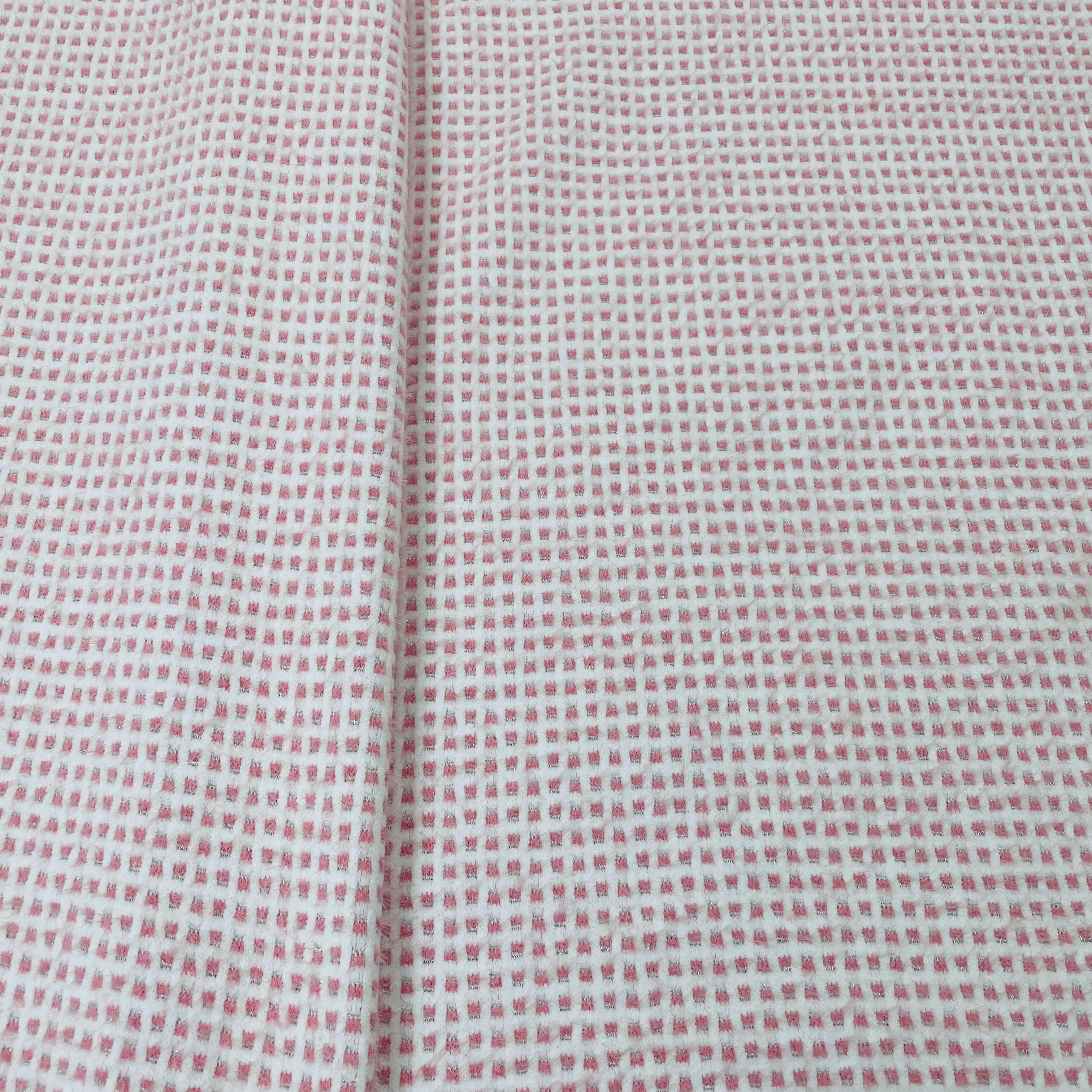 Classic Pink White Check Print Woollen Tweed Lycra Fabric
