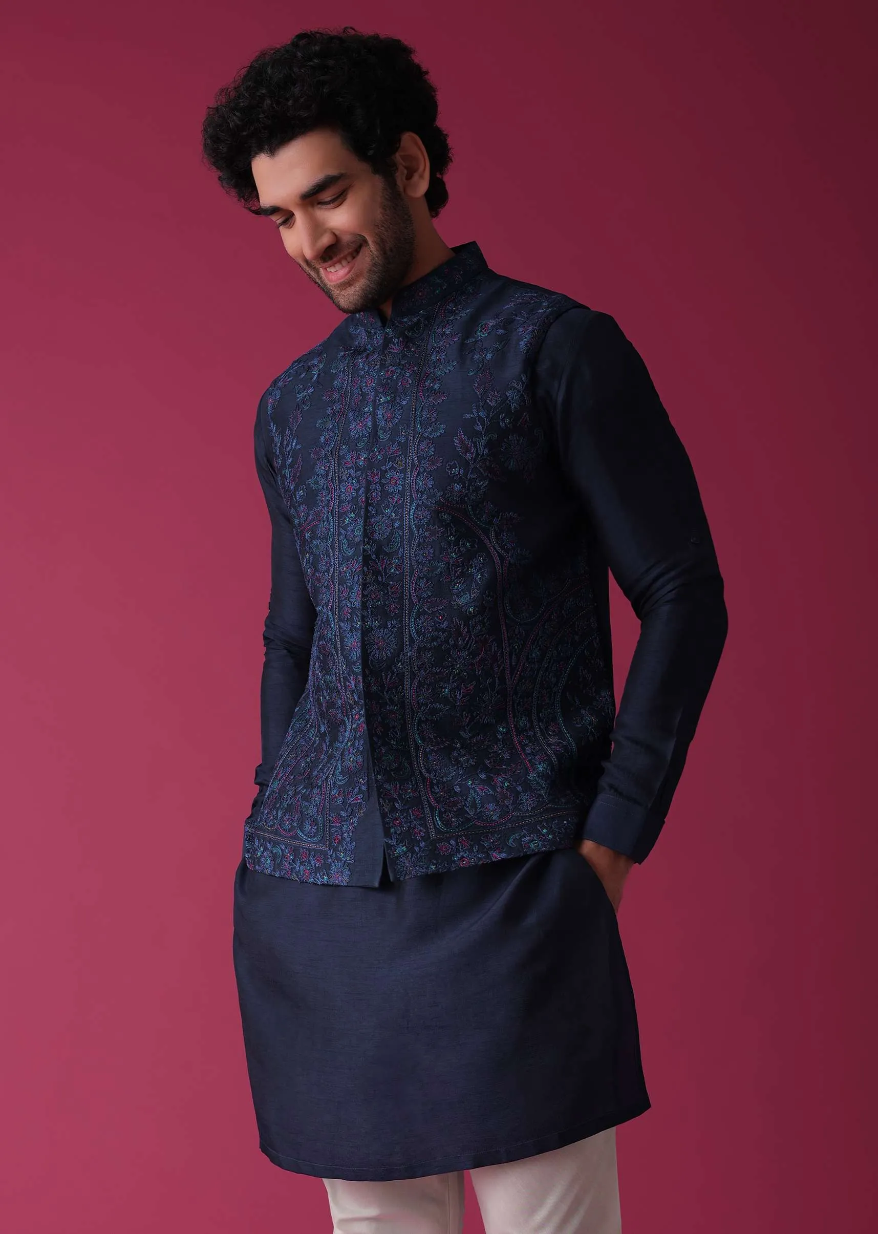 Indigo Blue Jacket Kurta Set In Art Silk With Heavy Threadwork