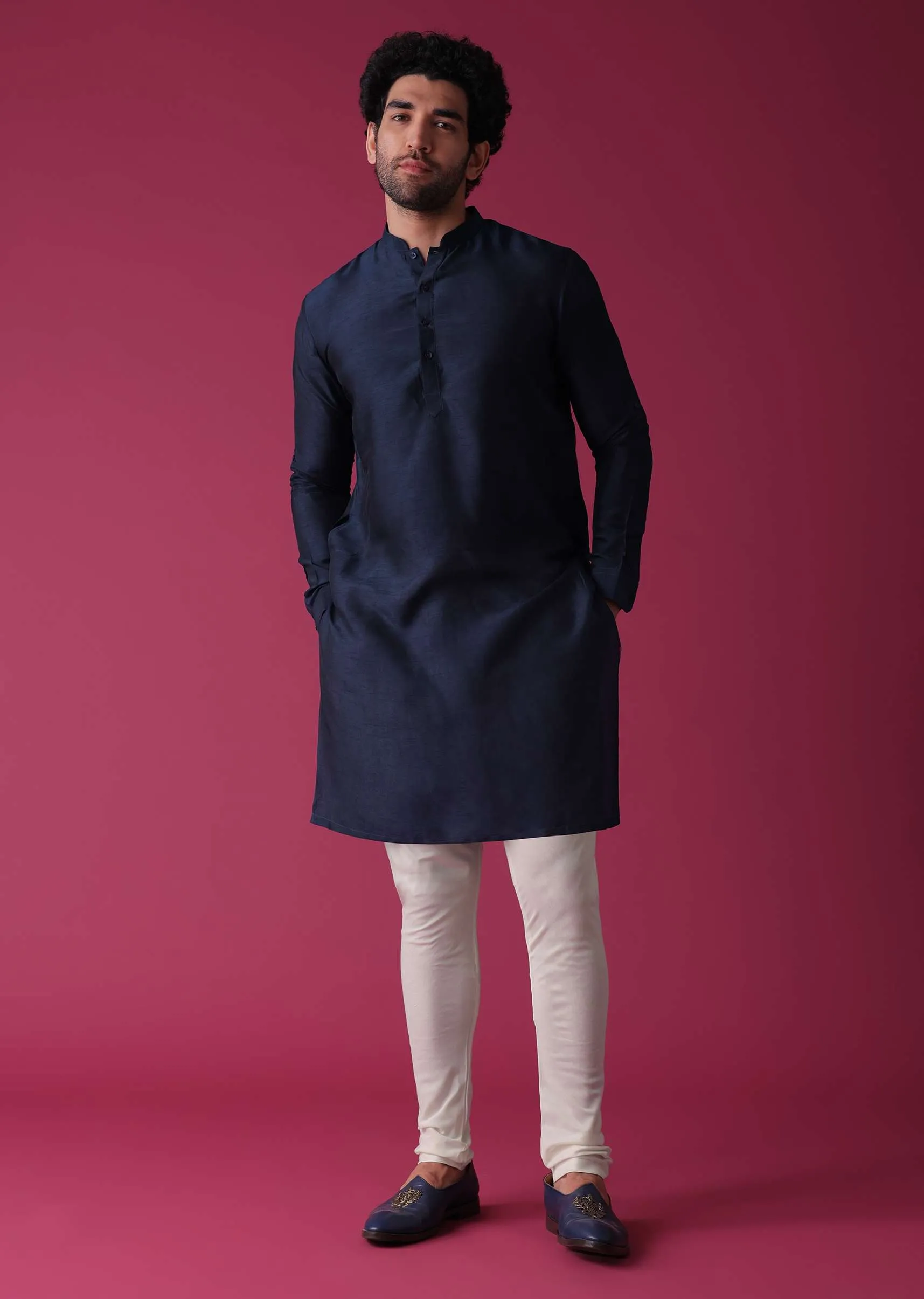 Indigo Blue Jacket Kurta Set In Art Silk With Heavy Threadwork
