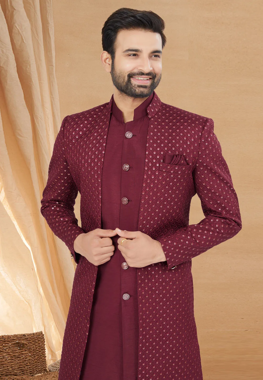 Maroon Indo Western Jacket Kurta Set with Royal Sequins Detailing