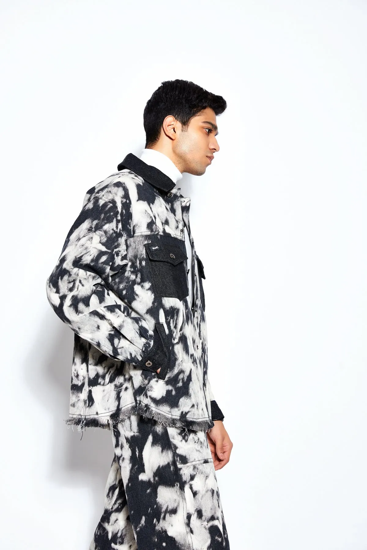 Tie Dye Denim Jacket- Black/White