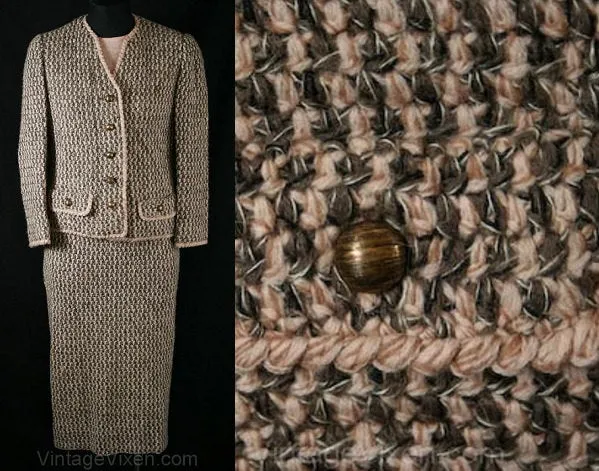 XS 1950s Crochet Suit - Pink & Mocha Hand Crocheted Size 0 Jacket and Skirt - 50s 60s Designer Samuel Winston - Made in Portugal - Waist 23