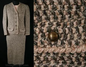XS 1950s Crochet Suit - Pink & Mocha Hand Crocheted Size 0 Jacket and Skirt - 50s 60s Designer Samuel Winston - Made in Portugal - Waist 23